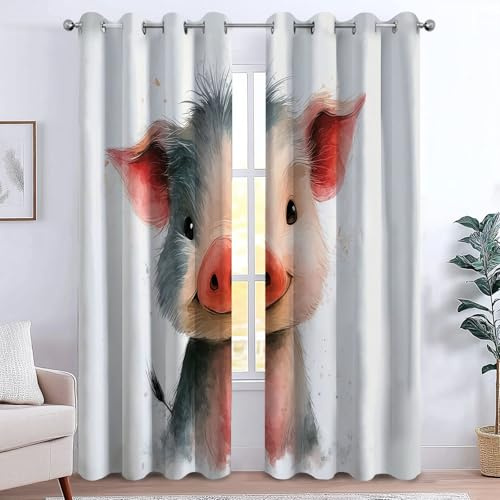 Generico Tenda Grigio Rosa Oscurante con Occhielli, 2 Pannelli Dipinto A Mano Carino Animali Maiali Tende Oscuranti Per Interni Termiche Finestre Camera Da Letto e Soggiorno 140 x 260 cm (L x A)