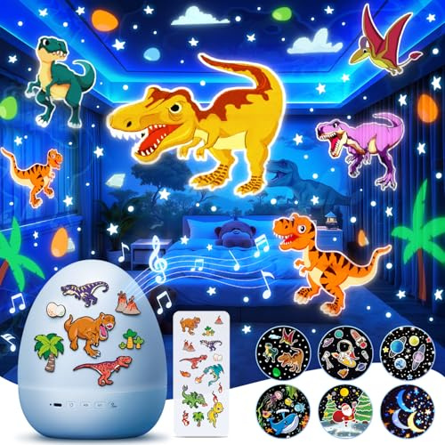 One Fire Dino Ei Projektor Kinder, Nachtlicht Spielzeug mit 12 Filmen | 360° Rotation, 15 Melodien, Timer, 7 Farben, Wiederaufladbarer Akku, DIY Sticker Design