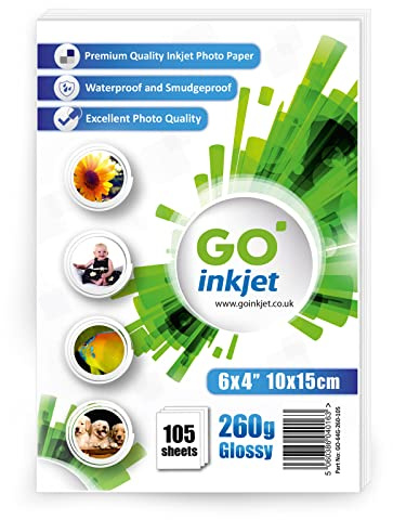 100 Blatt 10 x 15cm 260gsm Fotopapier mit extra 5 Blatt. Sehr glanzendes weies und wasserdichtes Fotopapier, kompatibel mit Inkjet- und Fotodrucker von GO Inkjet