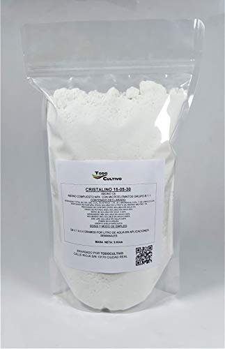 Abono cristalino 15-05-30. 5 Kilos. Favorece el Crecimiento del Cultivo y engorde del Fruto. 100% Soluble en Agua.
