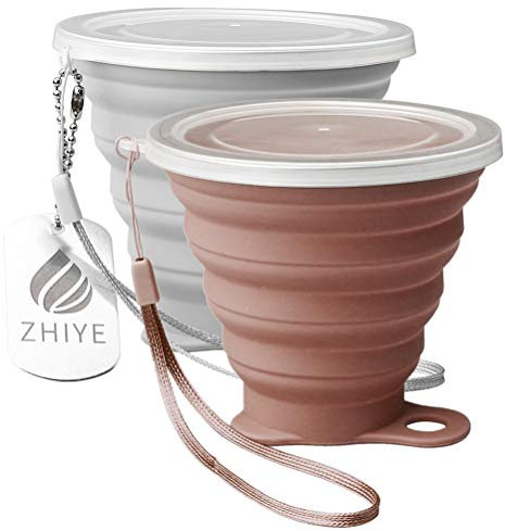 ZHIYE Collapsible Camping Cup with Lid, BPA Free Silicone Water Unbreakable Retractable Mug Portable Folding Travel Mug, Outdoor Hiking 9.5 Oz 2 Packs