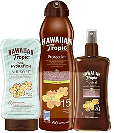 Hawaiian Tropic Aceleración del Bronceado - Spray Aceite Protector Solar SPF 20 + Bruma de Aceite Argán SPF 15 + After Sun Silk Hydration - Pack 3 unidades