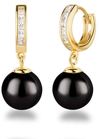 Schöner-SD 925 Silber vergoldet Creolen Ohrhänger mit 10mm Perle Kugel schwarz