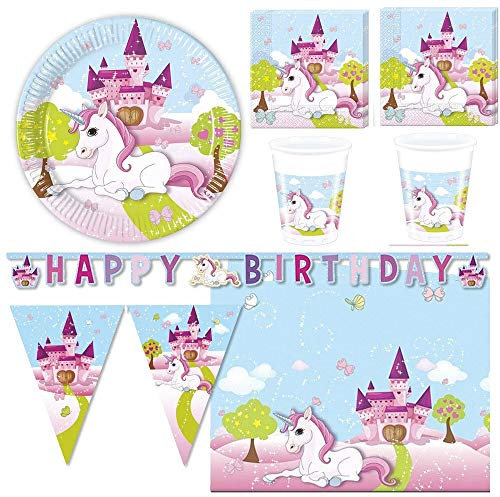 Zeus Party Kit Coordinato per Feste E Compleanno Unicorno Rosa (Piatti-Bicchieri-tovaglioli-Tovaglia-Festone e bandierine) (32 Persone)