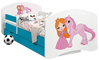 HappyBabies - Doppelseitiges Kinderbett MIT SCHUBLADE Modernes Design mit sicheren Kanten und Absturzsicherung Schaumstoffmatratze 7 cm Blau (Prinzessin und Einhorn, 160x80)