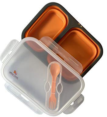 2-Compartment Collapsible Silicone Bento Lunch Box with Cutlery | BPA-Free | Space-Saving | Air-Tight | Leak Proof | Microwave & Dishwasher Safe | Original Home Gems Lunch Boxes | Orange