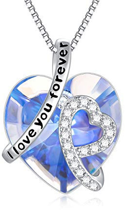AOBOCO Kette Herz Damen Sterling Silber Ich Liebe Dich für immer Halskette, Hochzeitstag Geburtstagsgeschenk für Frauen Mama Freundin Sie (Simulierter Blautopas-I Love you forever)