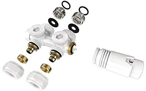 S'AFIELINA Blanc 1pc Compatible avec Vannes de 15MM/16MM Kit pour Radiateurs Radiateurs pour Bains, Doté de Vannes Thermostatiques, Vannes d'Intercéttation et Accessoires pour le Chauffage