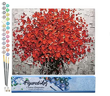 Figured'Art Malen Nach Zahlen Erwachsene Abstrakte rote Blumen - Paint by Numbers Basteln DIY Bastelset 40x50cm ohne Holzrahmen