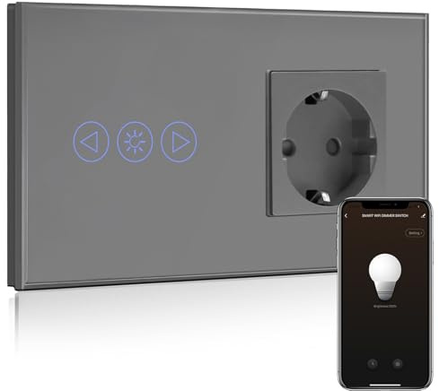 BSEED Normal Steckdose mit Smart Alexa Dimmer Lichtschalter,Kompatibel mit Alexa,Google Home, Glas Touchscreen-schalter,Lichtschalter 1 Fach 1 Weg 16A Steckdose Grau(Neutrale Leitung benötigt)
