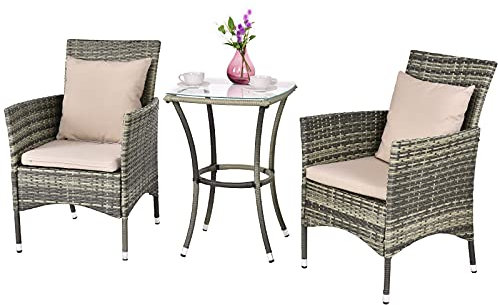 GOPLUS 3 teilig Gartenmöbel Set, Balkonmöbel aus Polyrattan, Rattanmöbel inkl. 1 Tisch & 2 Stühlen mit Kissen, Gartengarnitur Sitzgruppe Rattan wetterfest für Garten Balkon, Grau