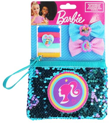 Joy Toy - Barbie Set mit 6 Zöpfchenhaltern, 2 Haarspangen mit Glitzermasche und magischem Pailletten-Beautytäschchen auf Backercard 14,5x2x21 cm