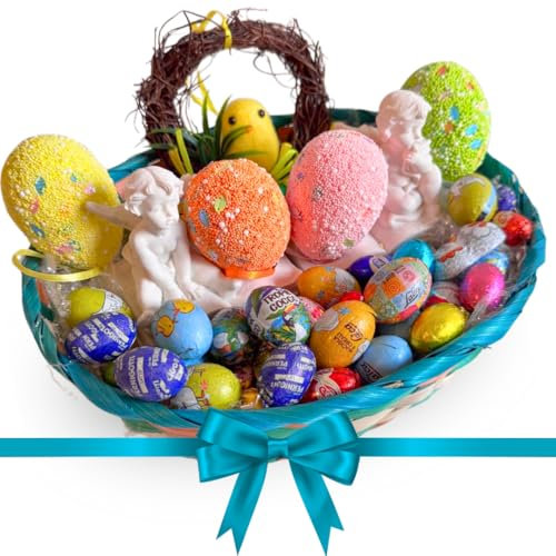 Regalo Pasqua 2025 - Cesto Vimini con 300G Ovetti di Cioccolato + 2x Statua Angelo Portacandela da 9cm + Uova Decorative di Polistirolo + Appendino Pasquale