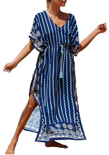 Bsubseach Plus Size Caftans for Women Long Kaftan Dresses Swimsuit Cover Up with Waist Drawstring Wavy Stripes
