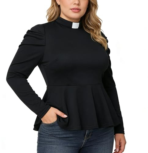 Camicia Elegante da Donna a Maniche Lunghe con Orlo a Volant e Colletto Alto Ufficio Camicetta Casual Top Blusa, Nero, L