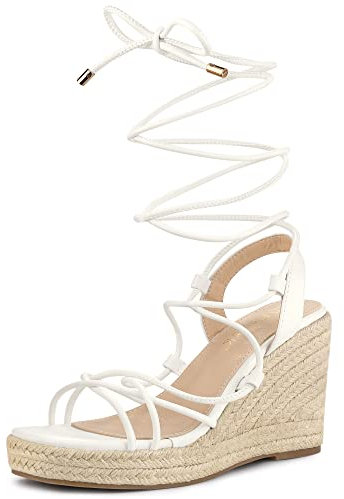 Allegra K Alpargatas con tacón de Plataforma y Cordones para Mujer Sandalias con cuña Blanco 40