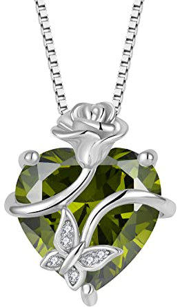 FJ Herz Peridot Kette August Geburtsstein Halskette Damen 925 Sterling Silber Schmetterling Kette Anhänger Rose Blume Schmuck Geschenke für Frauen Mutter Freundin Mama
