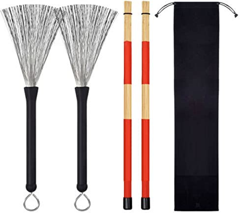 Tissting Drumstick Bürsten Set, 1 Paar Drum Drahtbürste, 1 Paar Stick Drum Stick mit Tragbarer Aufbewahrungstasche für Kinder, Erwachsene, Rockband, Jazz Folk Studenten