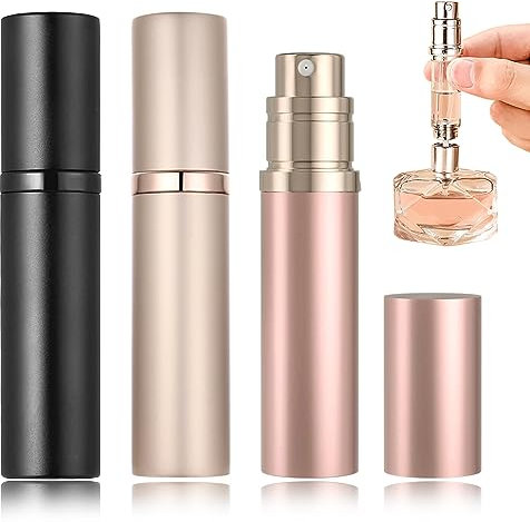POTWPOT Perfume Atomiser Spray Bottle, 3 Pack Perfume Atomisers Refillable Travel Perfume Atomizer for Men and Women with 5ml Pocket Size (Black & Golden & Pink)