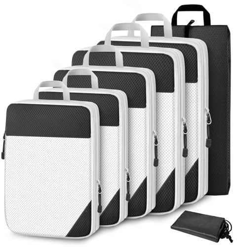 Cinnani Koffer Organizer Set-7-Teilig,Packing Cubes Compression für Rucksack und Koffer,Doppelreißverschluss Packtaschen Kompression Set,Praktisches und Platzsparendes Koffer Organizer Set(Schwarz)