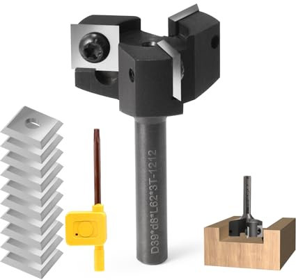 Fresa planadora de 8 mm, vástago 3 flautas con 10 cuchillas de metal duro intercambiables (12 x 12 x 1,5 mm) para madera de diámetro 39 mm, fresa profesional para fresadoras y máquinas CNC (D=39 S=8)