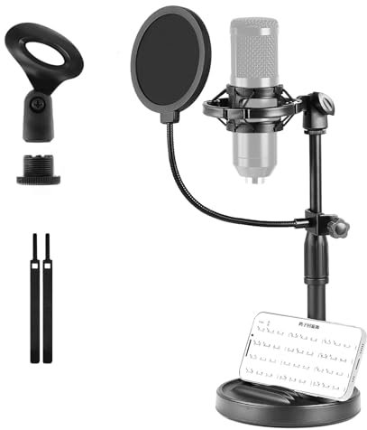 Mr.Power Desktop Microphone Stand with Phone Holder, Mic Stand Desk Table with Weighted Base, Pop Filter, Shock Mount, Mic Clip, 3/8 to 5/8 Adapter, Adjustable Height for Studio Recording, Gaming
