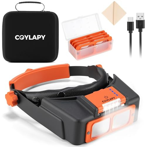 COYLAPY Magnifying Glasses with Light for Close Work, Rechargeable Headband Magnifier 1.5X-3.5X Magnifying Headset with 4 Lenses, Storage Case, Jewelers Optivisor Loupe Visor for Reading,Crafts,Hobby