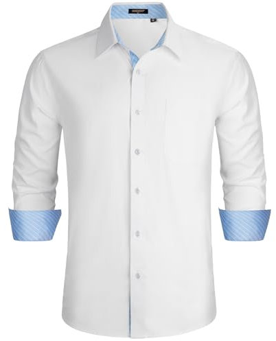 HISDERN Men's White Long Sleeve Shirt - Formal/Casual Business Button Down Slim Fit Shirt - XL