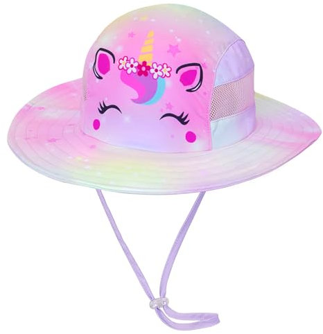 MHJY Sonnenhut Kinder Hut Sommer Mädchen Sonnenmütze UV Schutz Hat Einhorn Mützen Kappe mit Breiter Krempe und Verstellbaren Bändern für 2-8 Jahre Kleinkind