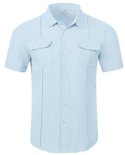 Rdruko Mens Linen Button Down Shirts Short Sleeve Summer Casual Beach Yoga Top Cuban Holiday Shirt with 2 Chest Pockets Light Blue XL