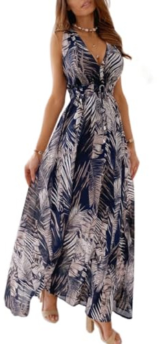 Robe de Plage Longue Femme Yutdeng Col en V sans Manches avec Cordon de Serrage Été Boho Décontractée Imprimé Floral Vacances Maxi Robe Chic Casual Elégant Dress