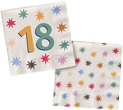 Folat 26875 Geburtstag Dekoration weiß mit bunten Sternen - Servietten - 18 - Starburst - 33 x 33 cm - 20 Stück - Fröhlich und farbenfroh Party Geschirr für Kinder und Erwachsenen Geburtstag