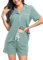 Lovasy Pyjama Coton Femme Short Ensemble Pyjamas Légers Col V Manches Courtes Chic Été 2 Pièces Vêtements de Nuit Court Boutonnée A Vert Clair XXL