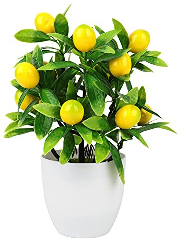 Artificial Lemon Tree Decor, 9.65inches Artificial Lemon Tree Bonsai with White Plastic Pot, Mini fruit tree decor, Nearly Nature Lemon Tree Decor for Home Decor, Bright Potted Plant for Home(#1)