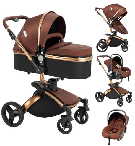 Nine point nine PU-Leder Kinderwagen 3 in 1, Kinderwagen Set mit 360° Drehbarem Cabrio-Sitz, Kombikinderwagen 3 in 1 mit Großer Bequemer Babywanne, Kinderwagen Rahmen Aluminiumlegierung (906 Brown)