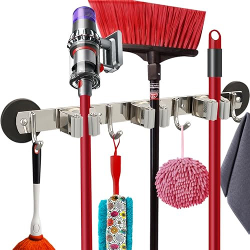 Strong Magnetic Broom Holder for Refrigerator, Heavy Duty Magnetic Mop Hanger with Hooks, Anti-slip Magnet Wall Mounted Broom Holder Storage Rack for Garage, Kitchen, Laundry, Garden
