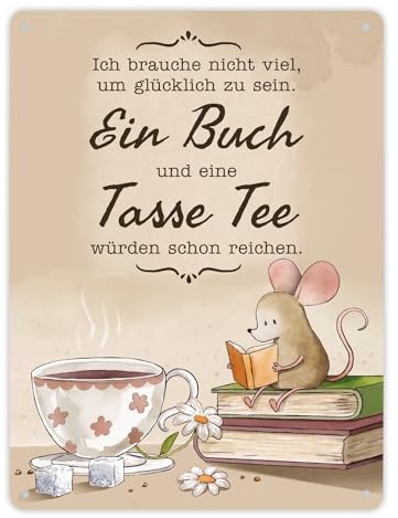 Maus mit Buch Metallschild XL in 21x28 cm mit Spruch Buch und Tee machen mich glücklich Vintage Ideal zum Lesen Perfekt für jede Leseratte Bücherwurm Entspannende Pause
