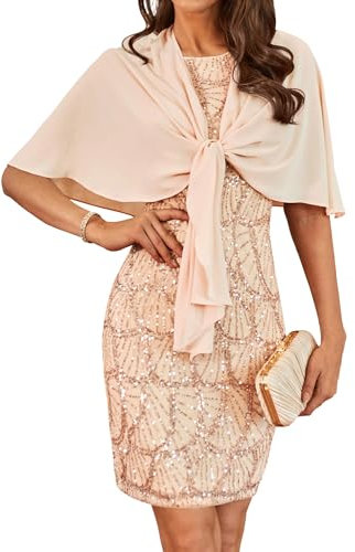 GRACE KARIN Abito da cocktail da donna, senza maniche, con paillettes, scollo rotondo, scintillante, due pezzi, vestito + scialle per matrimonio, Oro rosa, 52