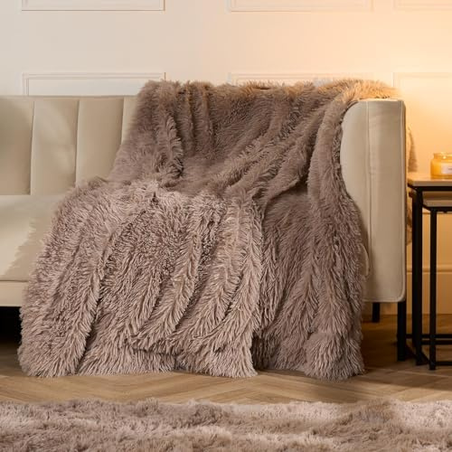 OHS Fluffy Fleece Throw Blanket, Ultra Soft Cosy Fluffy Throw Blanket For Sofa & Bed Lightweight Brownish Plush Throw Gifts For Women & Men, Natural-150x200cm