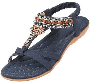 ZOEREA Womens Flat Sandals Summer Rhinestones Flower Flip Flops Ladies Elastic T-Strap Bohemian Shoes Fit Vacation D-Navy Blue,4 UK