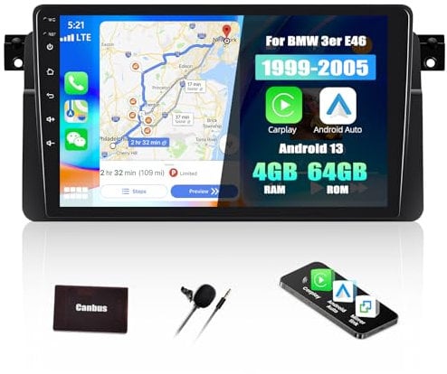 SIXTOP [4G+64G] Android 13 Autoradio für BMW E46 1998-2006 mit Carplay Android Auto,9“ IPS 1280 * 720P Touchscreen Radio mit Bluetooth 32EQ GPS WiFi FM/RDS MirrorLink Split Screen Mic