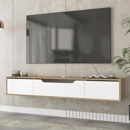 Uniqtrio Floating TV Unit, Modern Floating TV Stand Unit, 180 cm, Wooden TV Stand with Hidden Storage, Wall-Mounted Design, Contemporary TV Stand Cabinet with Floating Effect (Oak/White)