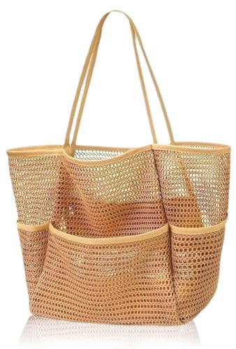 Cadimus Strandtasche Mesh Khaki,Faltbar Strand Handtasche XXL,Beach Tote Bag Damen,Netz Strandtasche mit Mehreren Taschen und Innentaschen mit Reißverschluss,für Strand Camping Shopping Reisen