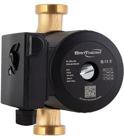 BritTherm B1 25/8-180 Bronze Central Heating and Domestic Hot Water Circulator Pump – 3-Speed Manual Control, 8m Head, 6.9m³/h Flow, IP44, TF110, F-Class Insulation, 180mm – 6-Year Warranty