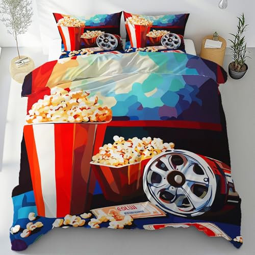 Generisch Lecker Popcorn Bettwäsche-Set 155x220, Cola Getränke Bettbezug, Kino Thema Wendebettwäsche Mit 2 Kissenbezügen 80x80, Bügelfrei & Knitterfrei Mit Reißverschluss(FS178)