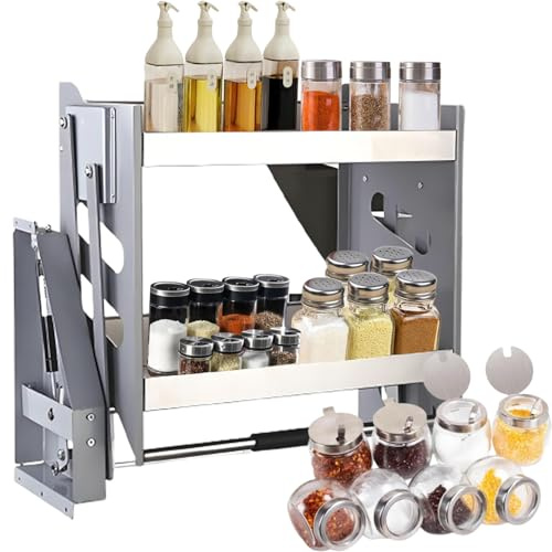 MAIMAILE 2-stöckiger Küchenschrank, ausziehbares Regal, Schwerlastregal, Hebekorb, Metall-Geschirr- und Gewürzregal, Hebeschrank, Schränke, 30 kg Tragkraft, komplette Konfiguration, für Küche