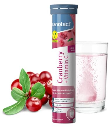 sanotact Cranberry mit Vitamin C Brausetabletten • veganes Supplement für Frauen • fruchtiger Geschmack • Immunsystem und Schleimhäute • 20 Stück