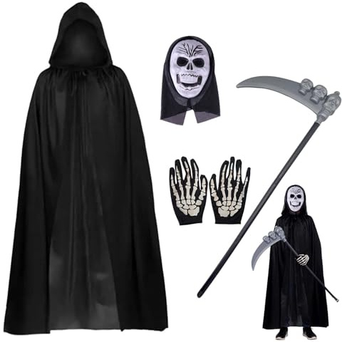 YTAXYZWR Costume Halloween Bambino Adulto 1 Set con Mantello con Cappuccio 140 cm Maschera Teschio Guanti Scheletro e Falce Smontabile Nero per Festa Costume Carnevale Travestimento