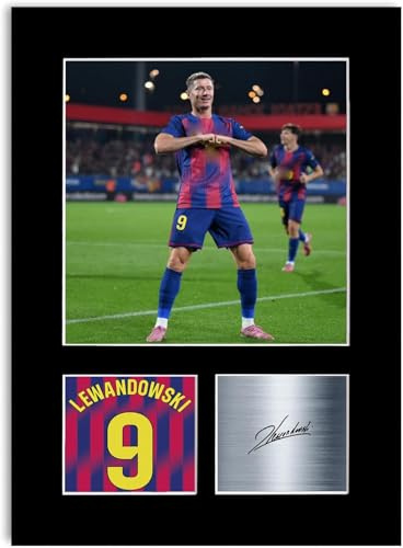 LJW Prints Fußballspieler Robert Lewandowski 2025–2026 Druck signiert Autogramm Foto Display Mount Poster für Barcelona Fans und Fans