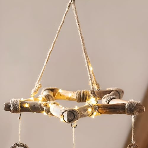 Dekoleidenschaft Dekohänger Stern aus recyceltem Holz in Shabby Optik, Kräuterkrone Ø 55 cm groß, Deckenkrone mit 5 Haken, Weihnachtsdeko
